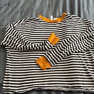 H&M Divided Black and White Striped Top with mustard trim cropped
